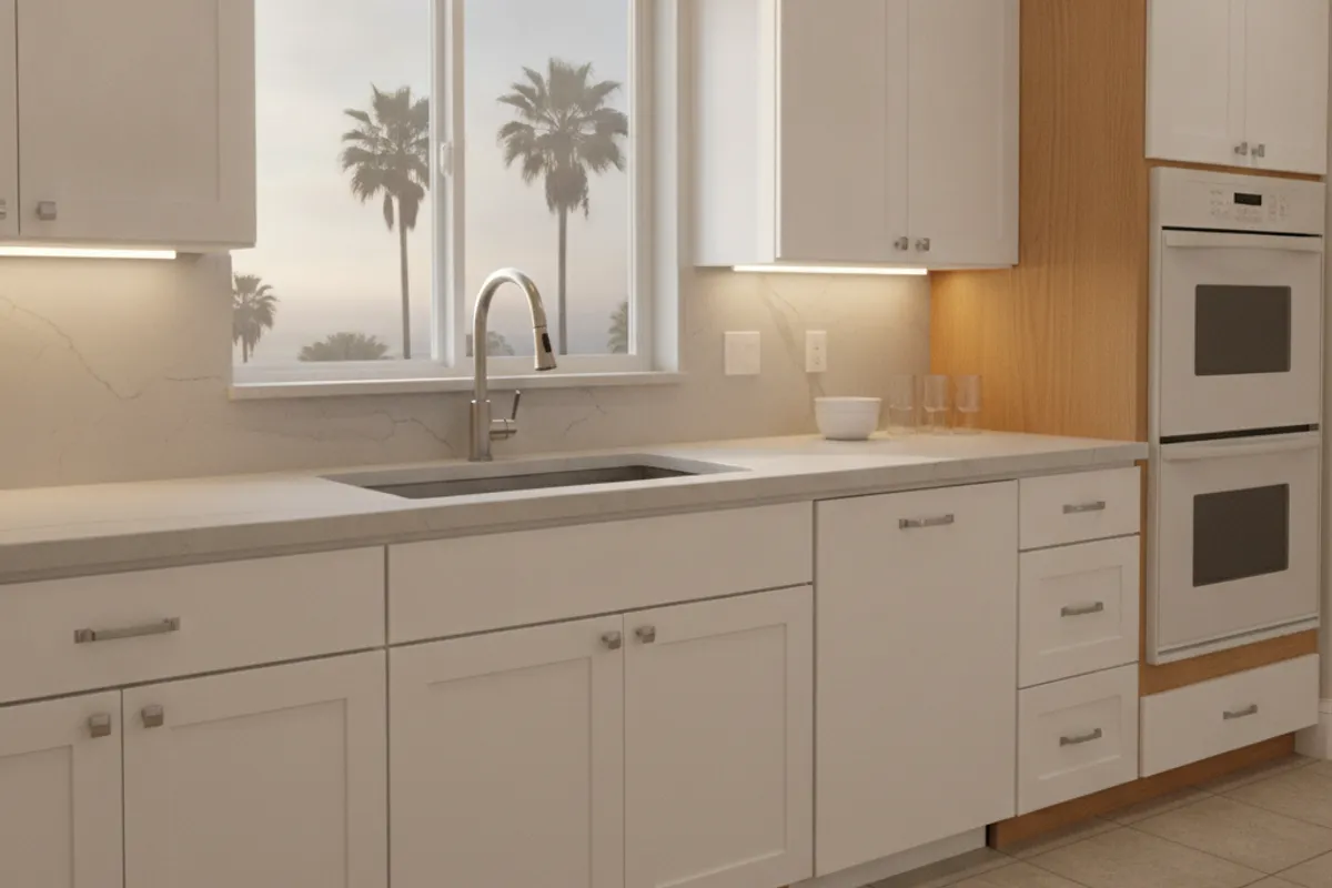 Kitchen in a La Jolla home near the San Diego coast showing white refaced cabinets with moisture-resistant materials