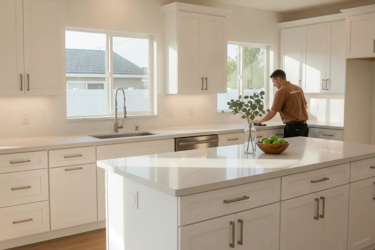 Bright San Diego kitchen with refaced white cabinets staged for a home sale listing