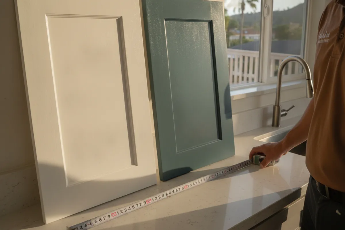 San Diego kitchen showing a cabinet with peeling paint on the left and a cleanly refaced cabinet with new door on the right