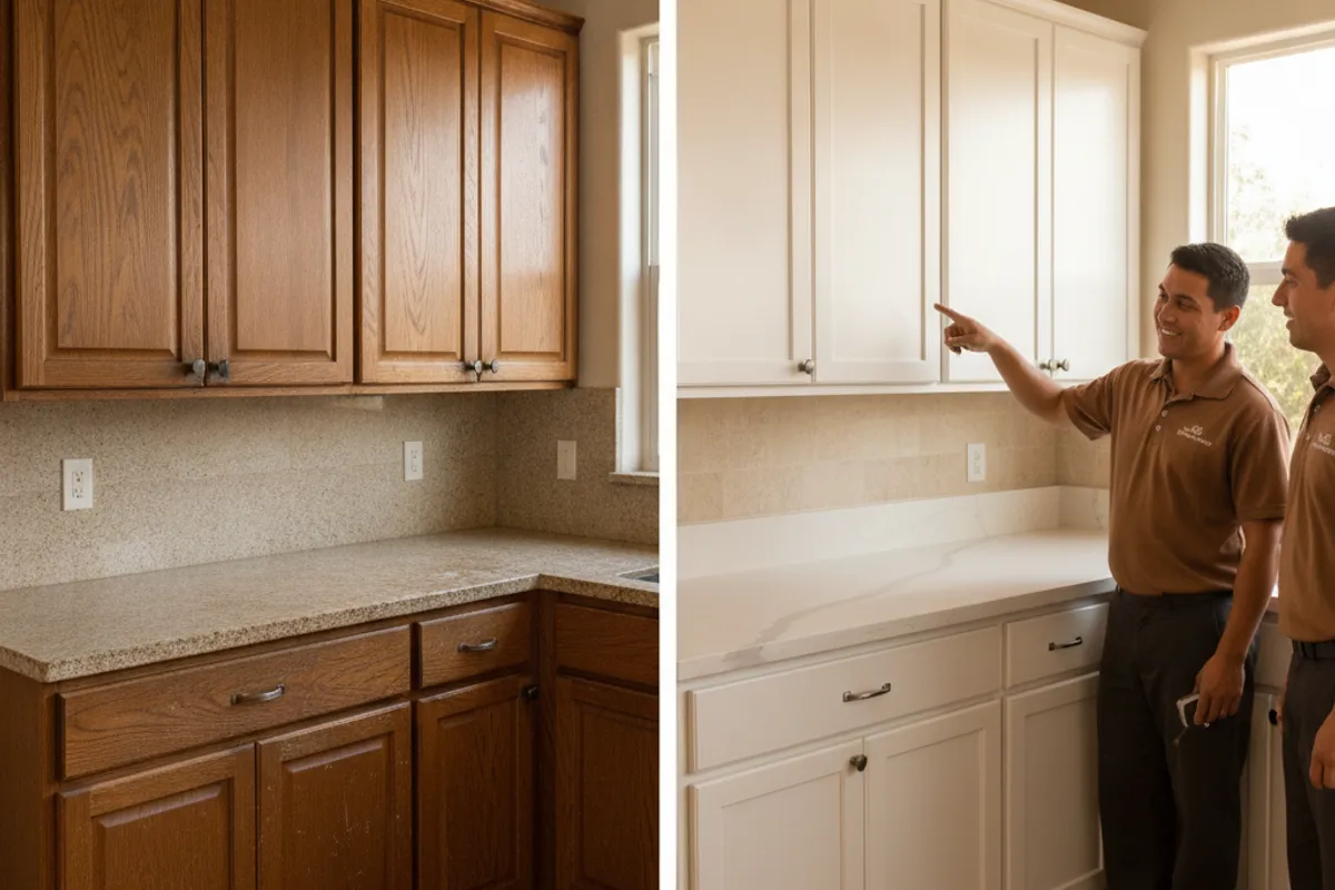 Side-by-side view of an older kitchen cabinet box and a refaced version with new Shaker doors in a San Diego home