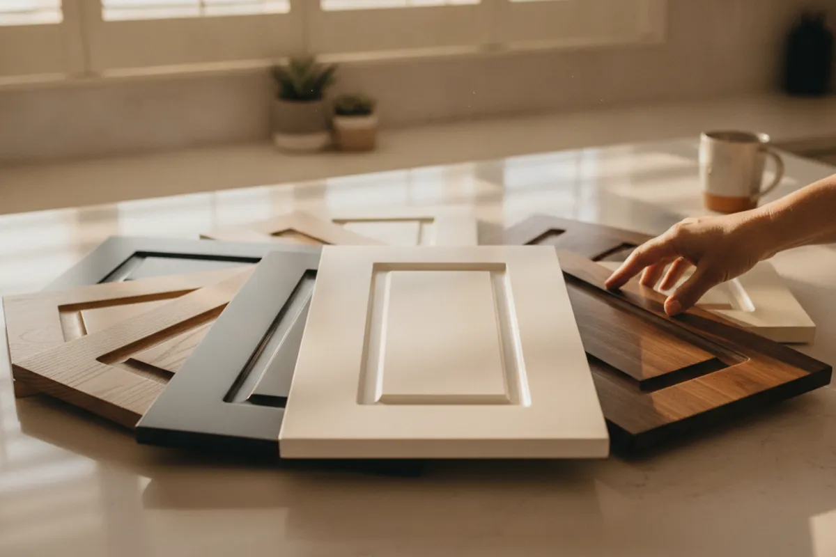 Display of four cabinet door styles side by side in a San Diego kitchen showroom including flat slab and Shaker profiles