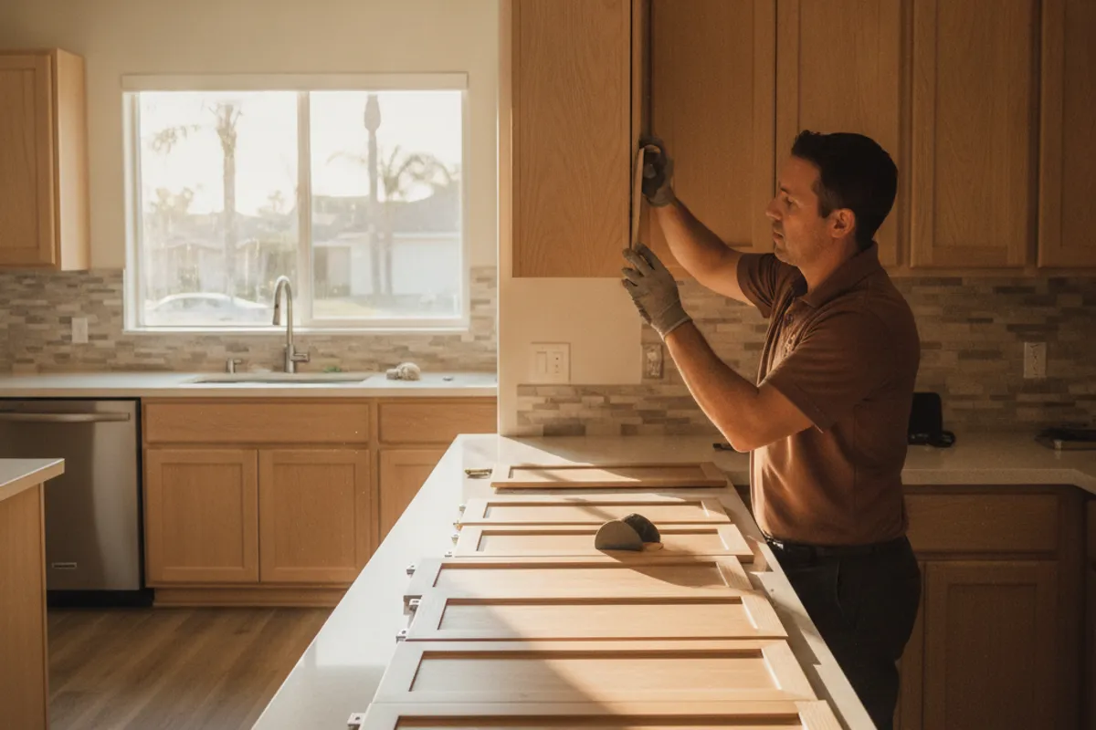 Cabinet refacing crew working in a San Diego kitchen, removing old doors and applying new veneer to cabinet boxes