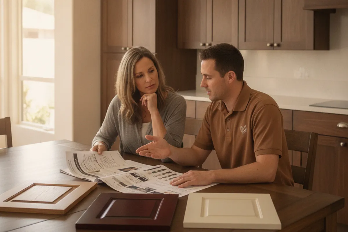 Homeowner reviewing a cabinet refacing quote with a contractor in a San Diego kitchen