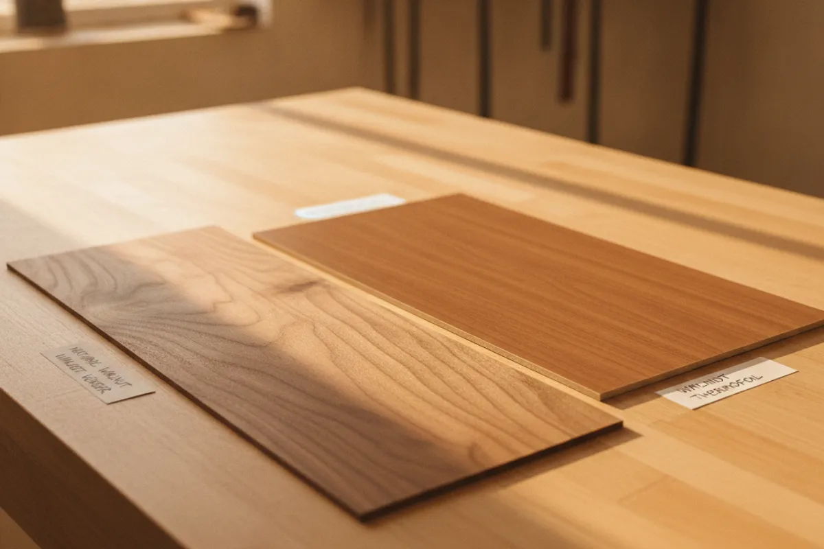Close-up comparison of wood veneer and laminate cabinet box face finishes on two San Diego kitchen cabinets