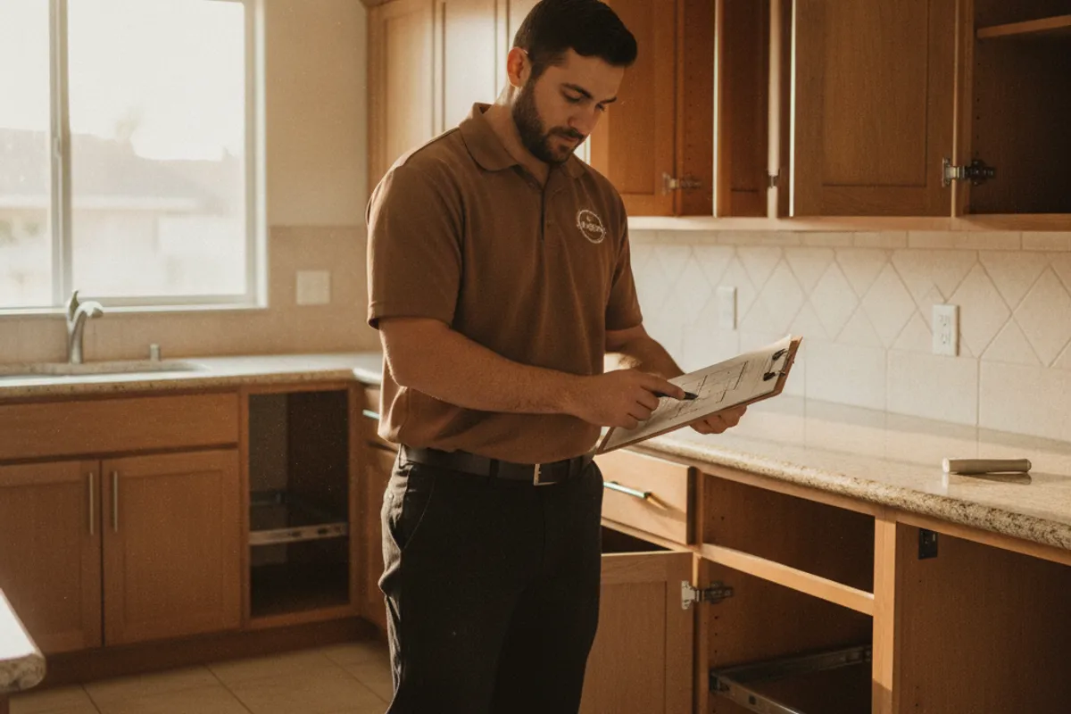 Homeowner and a local cabinet refacing crew reviewing door style samples and a cabinet layout plan for a San Diego County kitchen project.