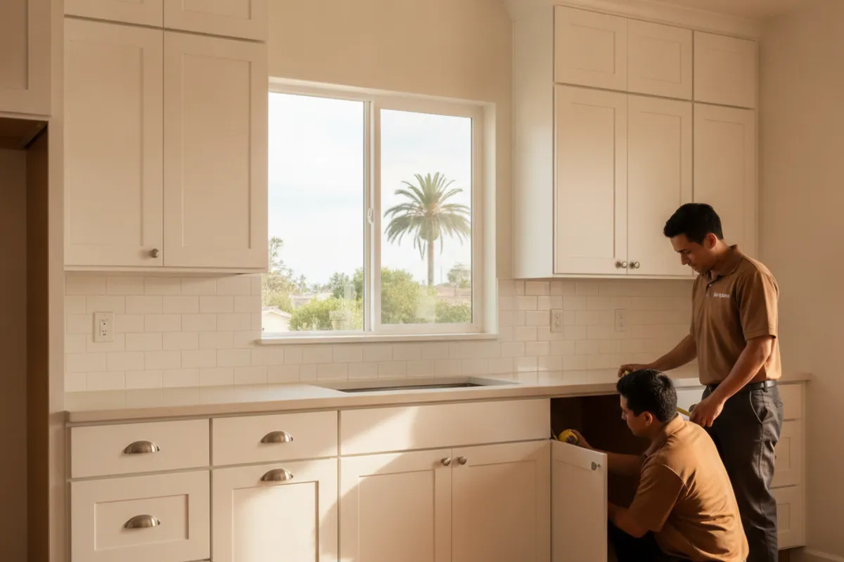 Insured local cabinet refacing crew installing new shaker door fronts on kitchen cabinets in a San Diego County home.