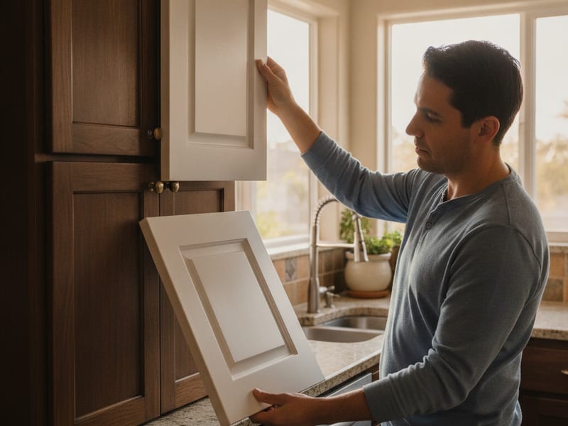 Homeowner holding two cabinet door style samples against kitchen cabinet boxes in San Diego to compare