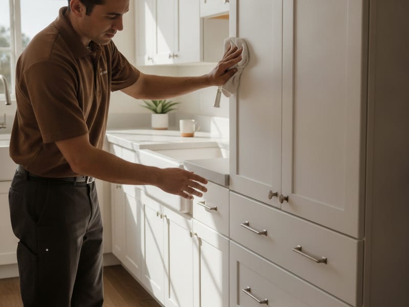 Homeowner wiping down refaced kitchen cabinet doors with a soft cloth in a San Diego kitchen