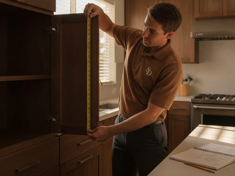 Homeowner measuring a kitchen cabinet door opening with a tape measure in San Diego before ordering replacement doors