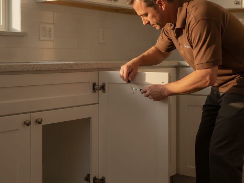Homeowner tightening a loose concealed hinge on a kitchen cabinet door with a small screwdriver in San Diego