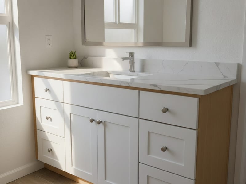 Bathroom vanity cabinet refacing in a San Diego County home with new white shaker doors and matte black hardware on a double-sink vanity