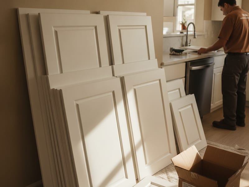 New shaker-style cabinet doors being installed on existing cabinet boxes in a San Diego kitchen