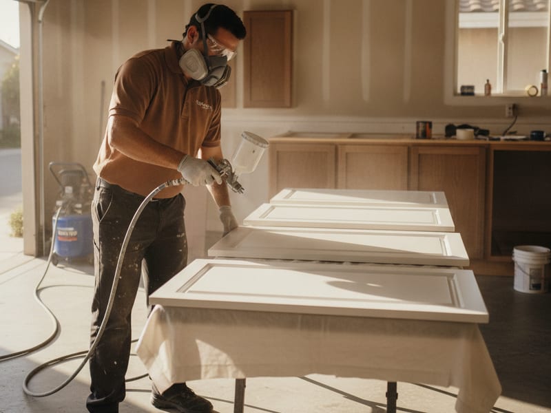 Cabinet painting crew spraying kitchen cabinet doors with white acrylic enamel in a San Diego County garage spray setup