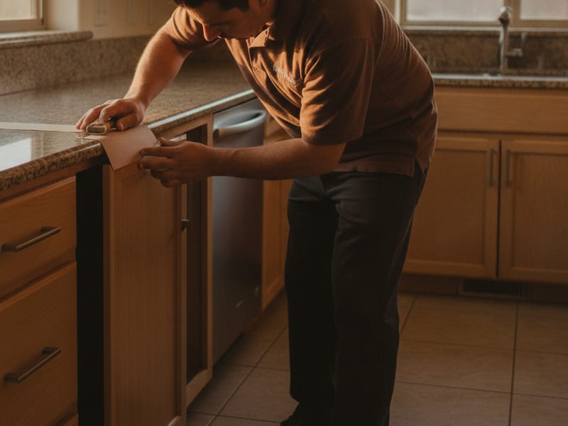 Insured local cabinet crew installing new shaker door fronts during a kitchen cabinet refacing project in a San Diego County home