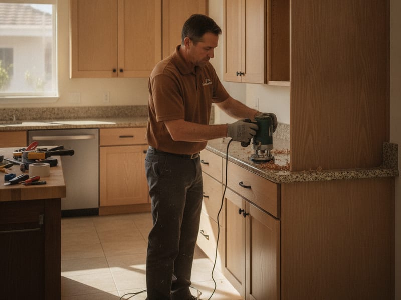 Cabinet crew applying thermofoil laminate to exposed cabinet box sides during a kitchen refacing project in San Diego