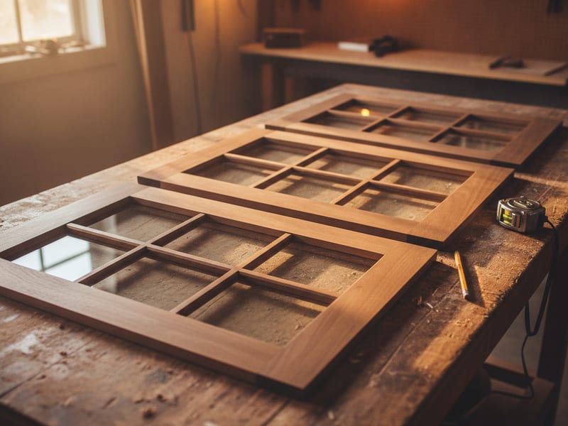 Custom glass-panel cabinet doors installed on upper kitchen cabinets in a San Diego home with non-standard opening dimensions