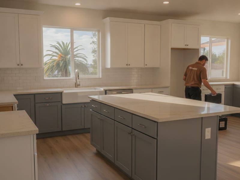 Completed kitchen cabinet refacing in a San Diego County home showing new white shaker doors, updated drawer fronts, and brushed nickel hardware