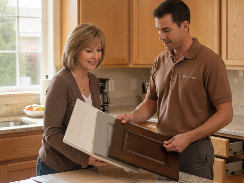Cabinet crew reviewing door style samples and a kitchen cabinet layout with a homeowner during an on-site refacing consultation in San Diego