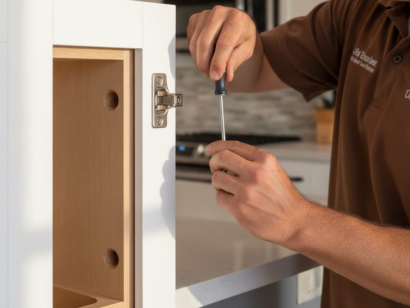 Close-up of a Blum soft-close concealed hinge being installed on a cabinet door in a San Diego kitchen